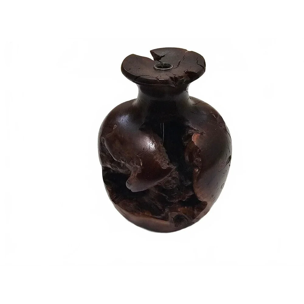 Handcrafted Dark Wood Decorative Vase with Natural Cracks and Green Felt Pads